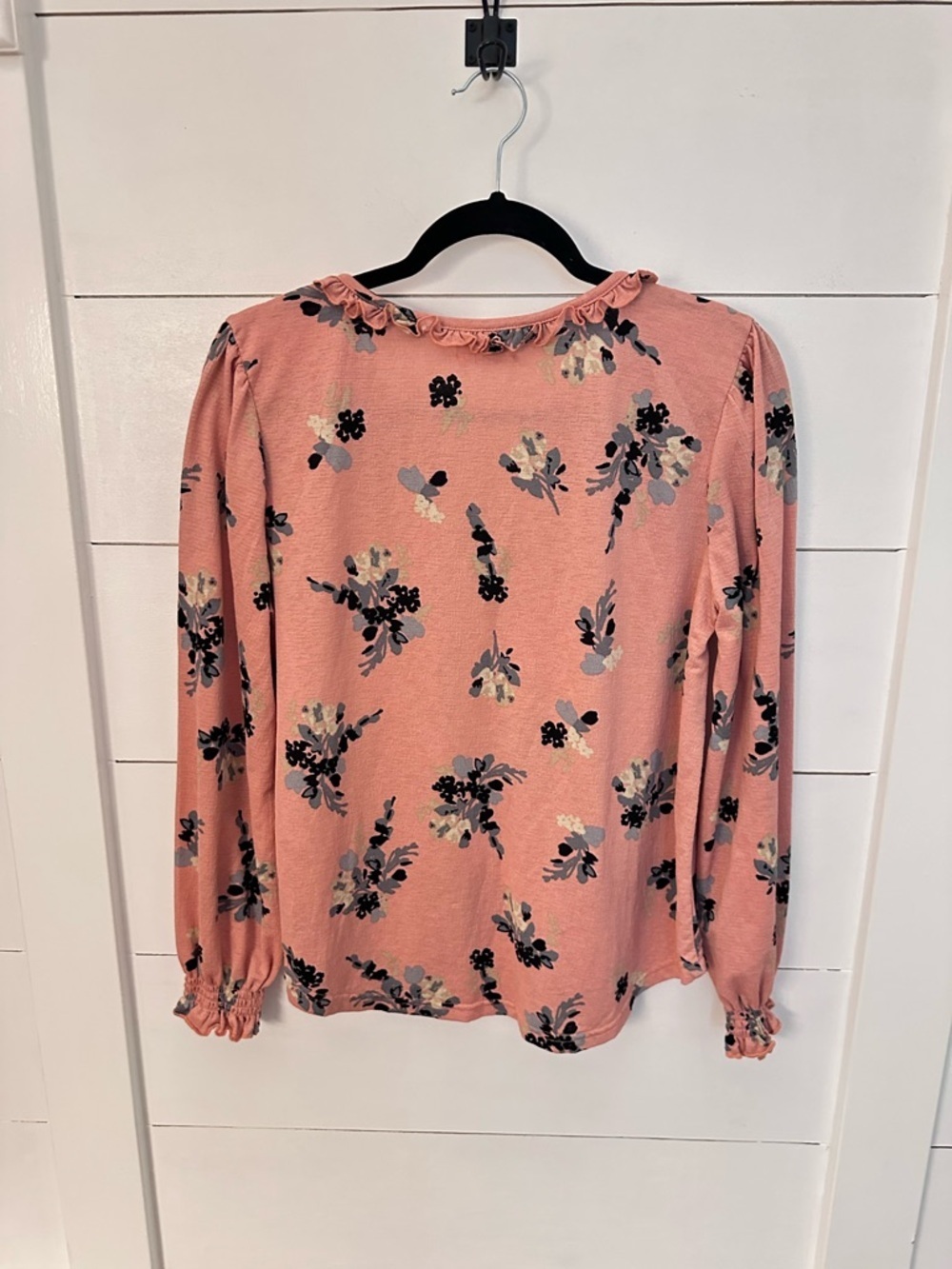 MELLODAY M peach floral ruffle V neck long sleeve blouse cottagecore shabby chic - Picture 2 of 12